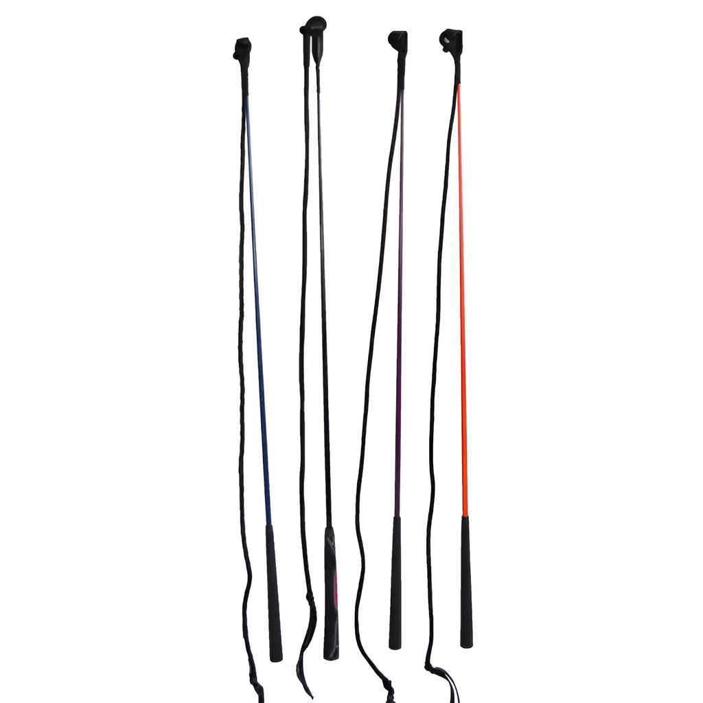 Advanced nylon and fibre glass training whip for horse riding, approximately 100-110cm long.