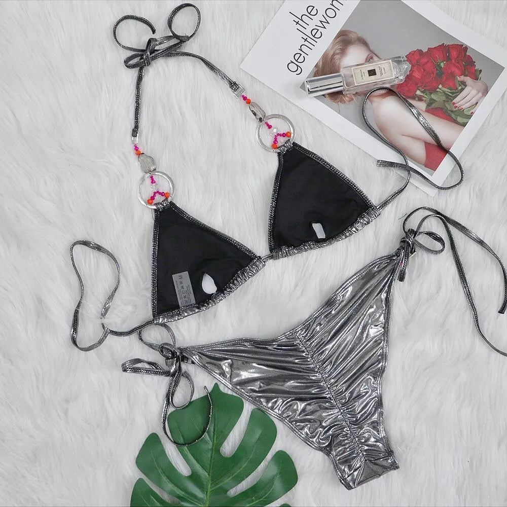 Silver women's bikini swimsuit with briefs style on a mannequin