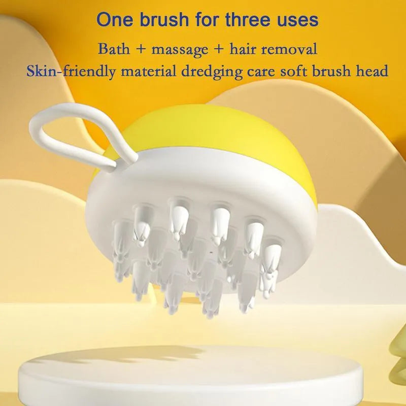 Blue dog shampoo brush with silicone massage points and plastic handle for washing pets