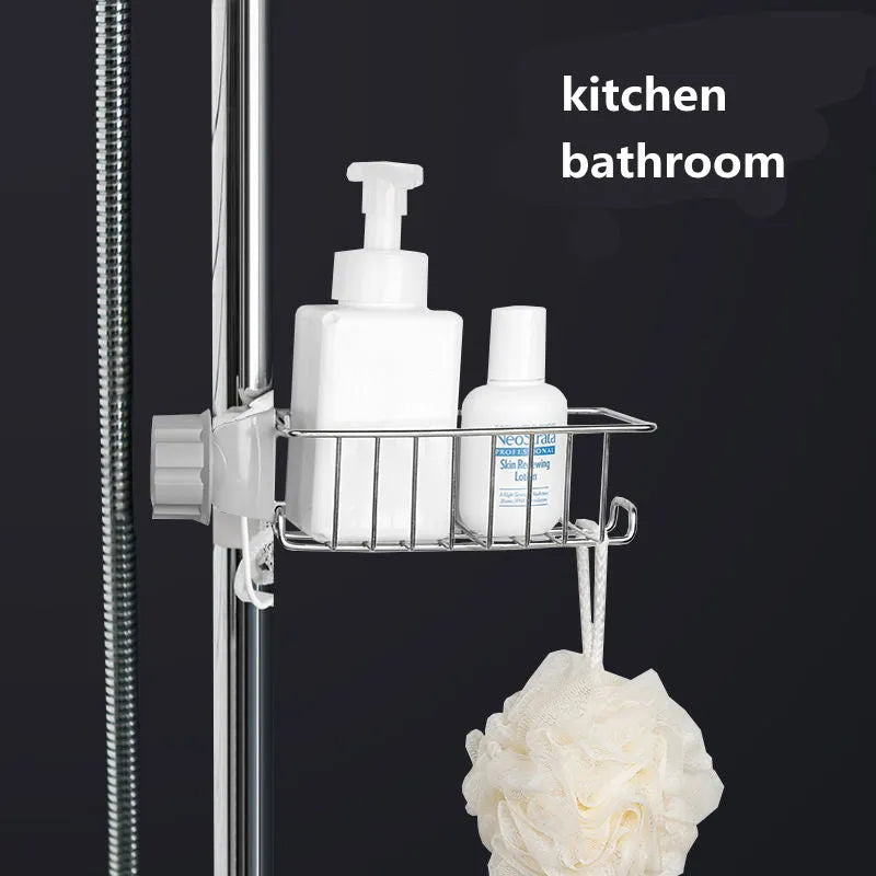 Adjustable stainless steel sink drain rack clipped onto a kitchen faucet with sponge and soap stored on the removable holder