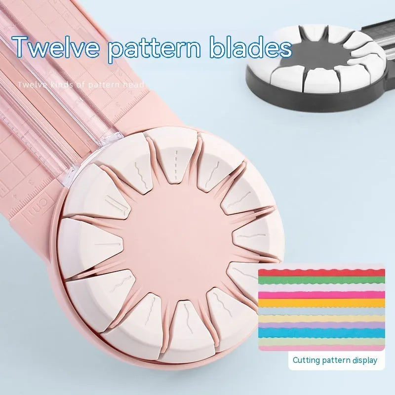 Pink plastic 12-in-1 paper cutting machine with dotted line and other pattern guides on a flat surface.