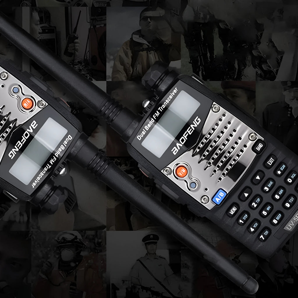 Baofeng UV-5RA dual-band walkie talkie with dual display and multiple headset configuration options