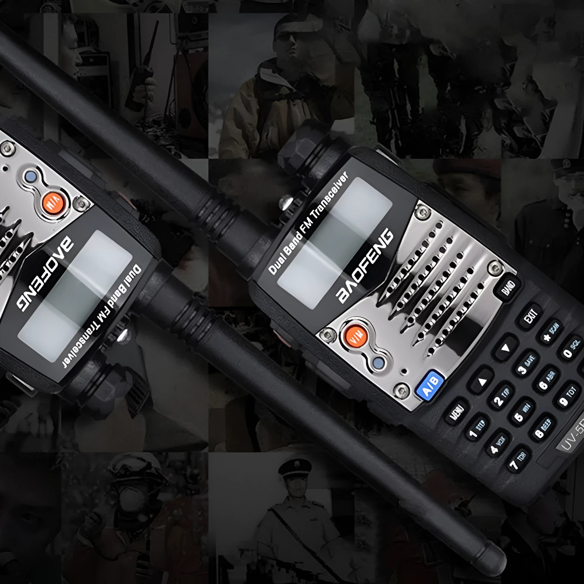 Baofeng UV-5RA dual-band walkie talkie with dual display and multiple headset configuration options