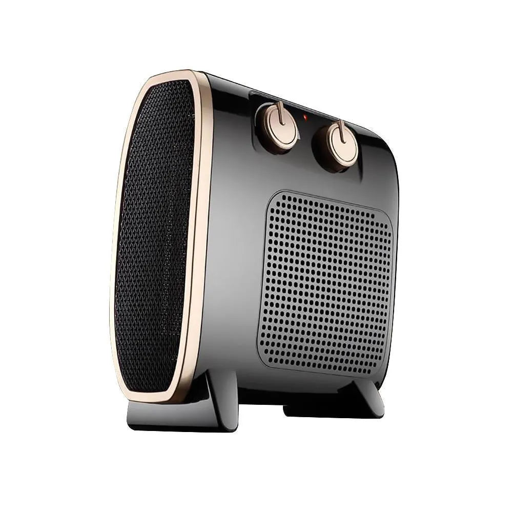 White electric fan heater with mechanical dial controls and grill.