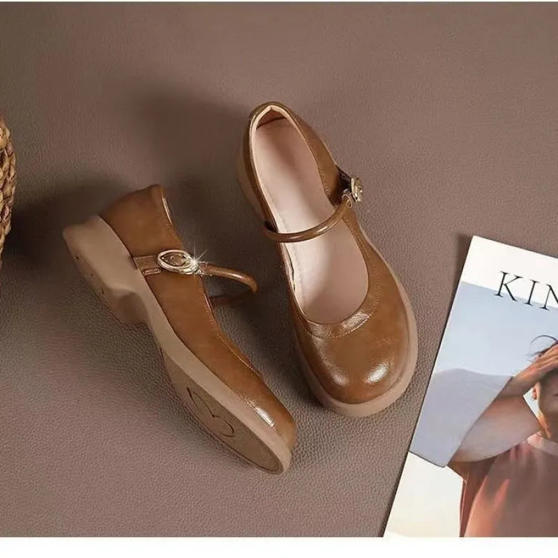 Flat fairy style leather wedge shoes with skull pattern, round toe and 4-6cm heel in three colour options