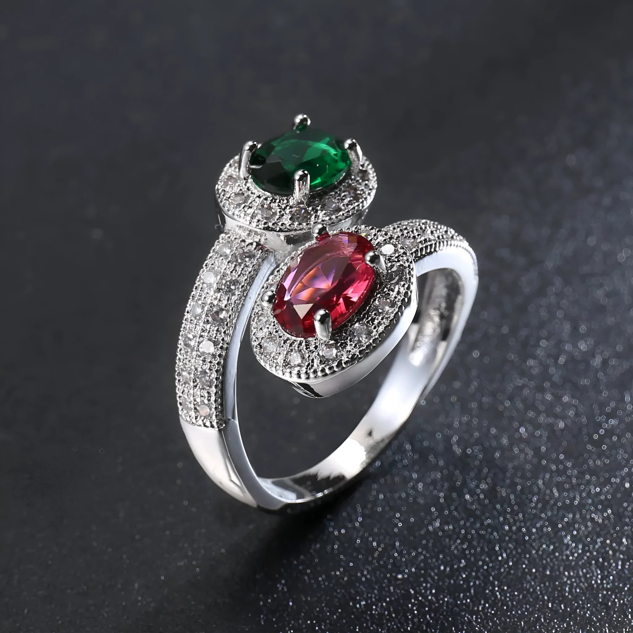 Fashion copper ring for women with zircon stones in rose jade colour, shown on hand