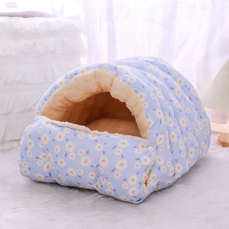 Enclosed winter cat bed with a removable cover shown in a floral pattern, suitable for cage or home use.