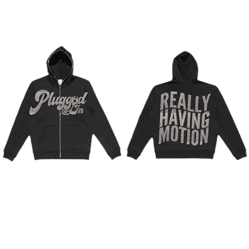 Men's black loose fit hoodie cardigan with letter print and rhinestone detail, zip-up polyester sweater