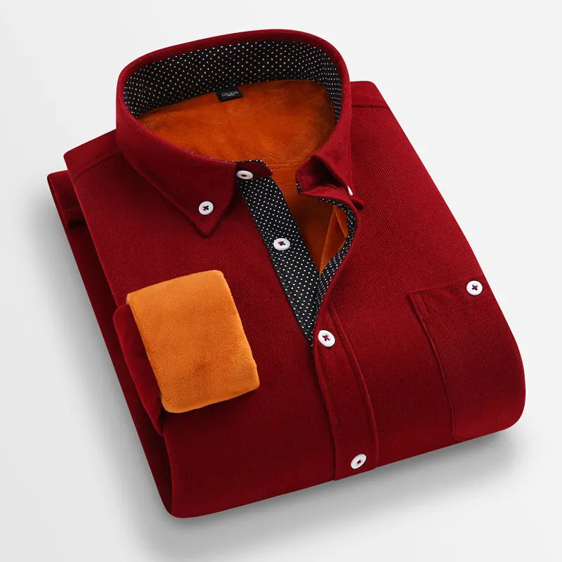 Men's casual flannel shirt thickened winter long sleeve linen solid colour shirt in navy blue, loose fit