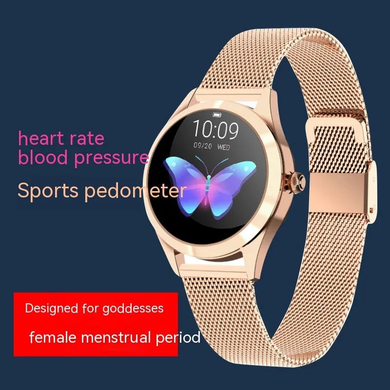 Women's sports smartwatch with heart rate monitoring on wrist in black colour
