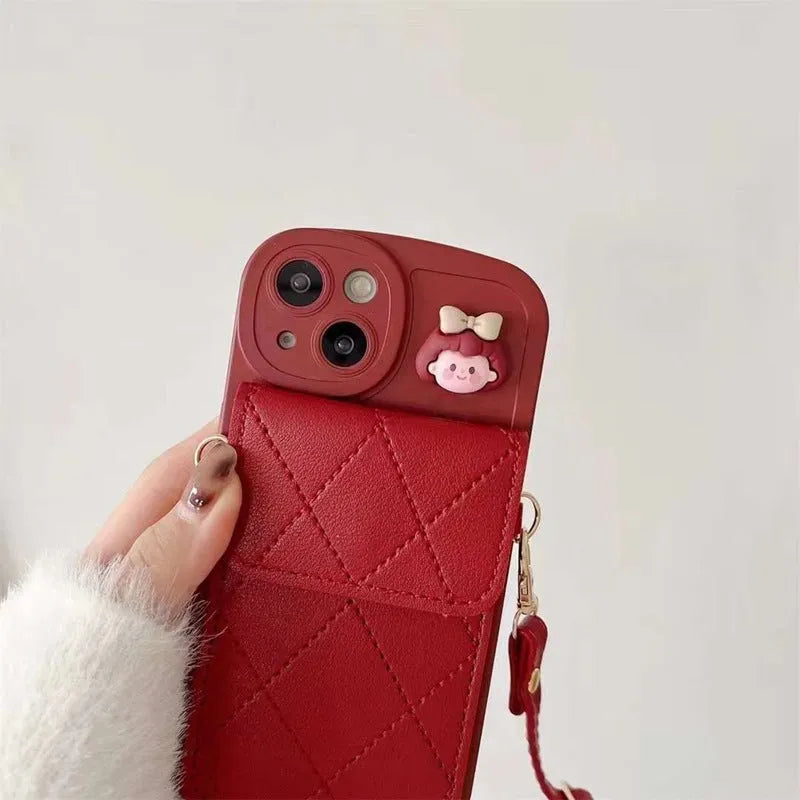 Red TPU crossbody card holder phone case with lanyard for iPhone, red diamond plaid pattern