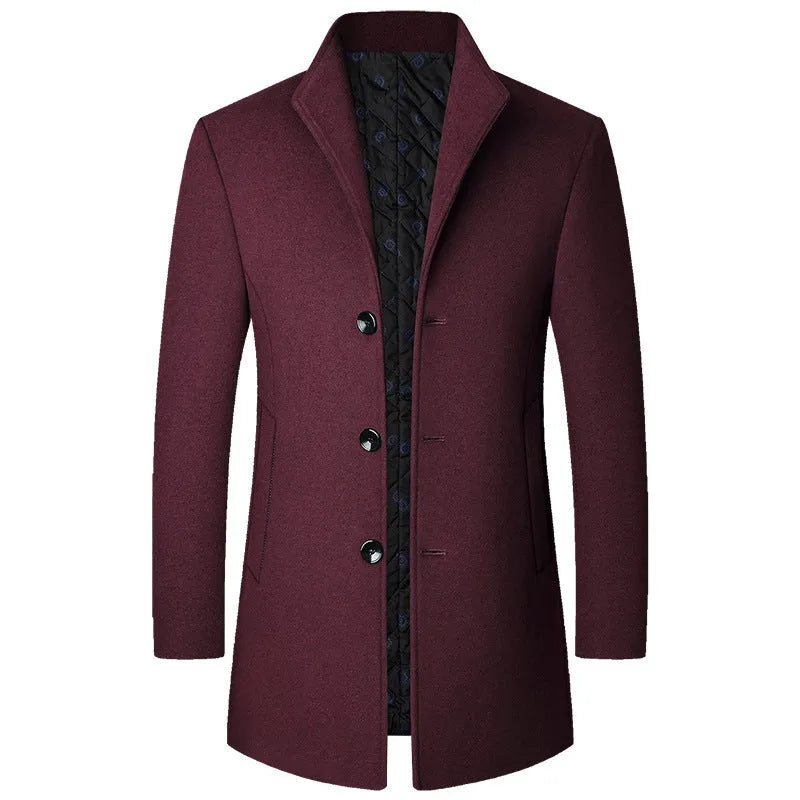 Men's casual woolen coat in solid colour, light business style, front view, available in multiple sizes and colours.
