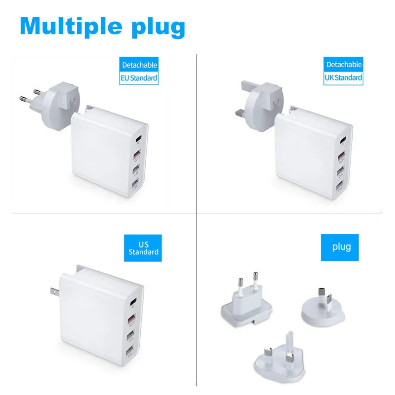 White multi-port USB fast charger with PD and QC support plugged into a wall socket.