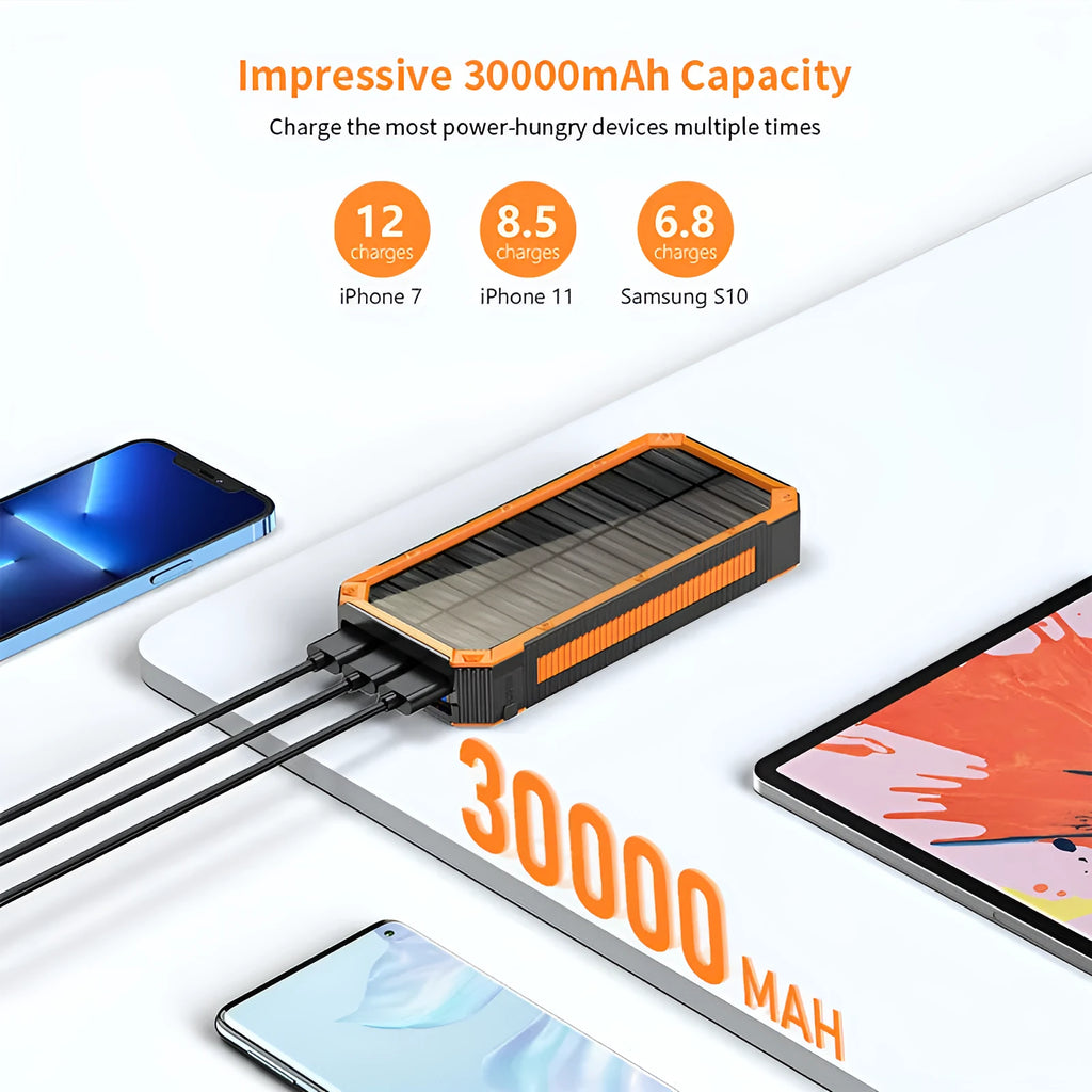 Outdoor solar power bank 30000mAh in orange, black, or blue with built-in light, 160 x 75 x 26mm