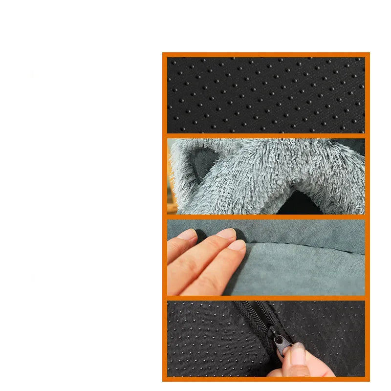 Plush cat dog bed with cat ears decoration and collar in blue gray available in sizes M and L