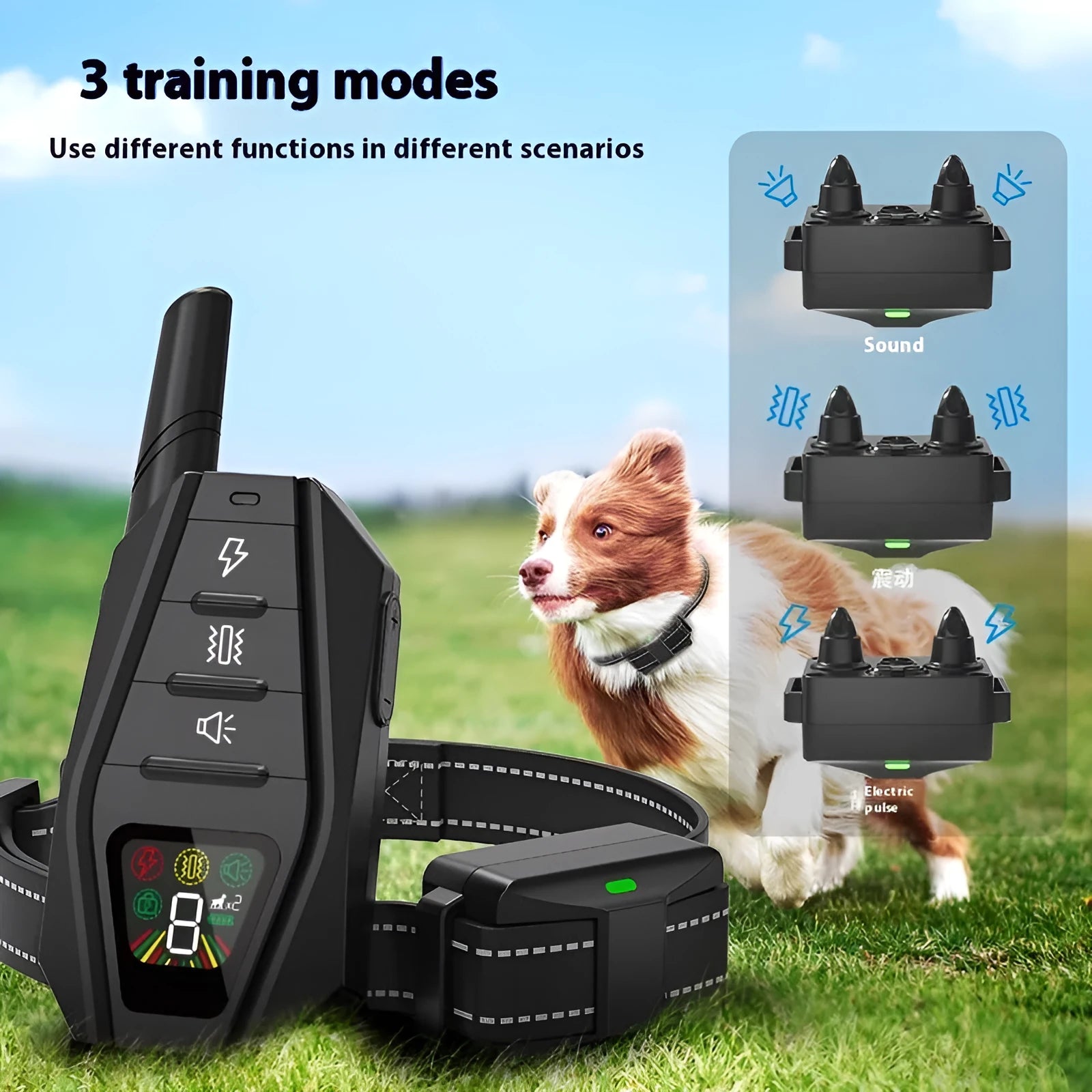 Black ABS smart dog trainer with reflective webbing and charging cable on table