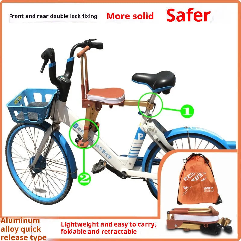 Aluminum alloy front folding child bicycle seat in yellow with armrest on a bike