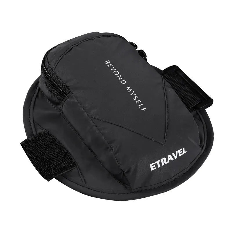Black running arm bag with reflective strips, adjustable strap, and zip closure, shown on a person's arm.