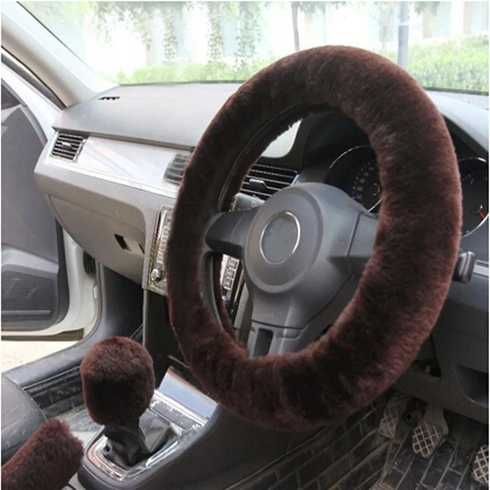 Winter plush car steering wheel cover set with gear knob and handbrake covers in multiple colour options