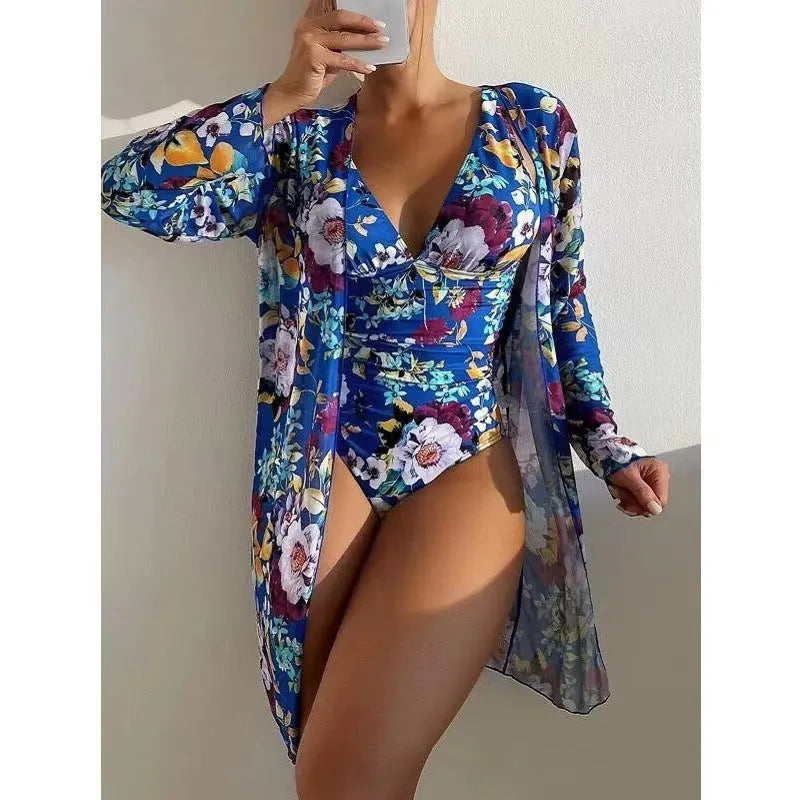 Women's floral pattern bikini and mesh coat three-piece swimsuit set in various colours.
