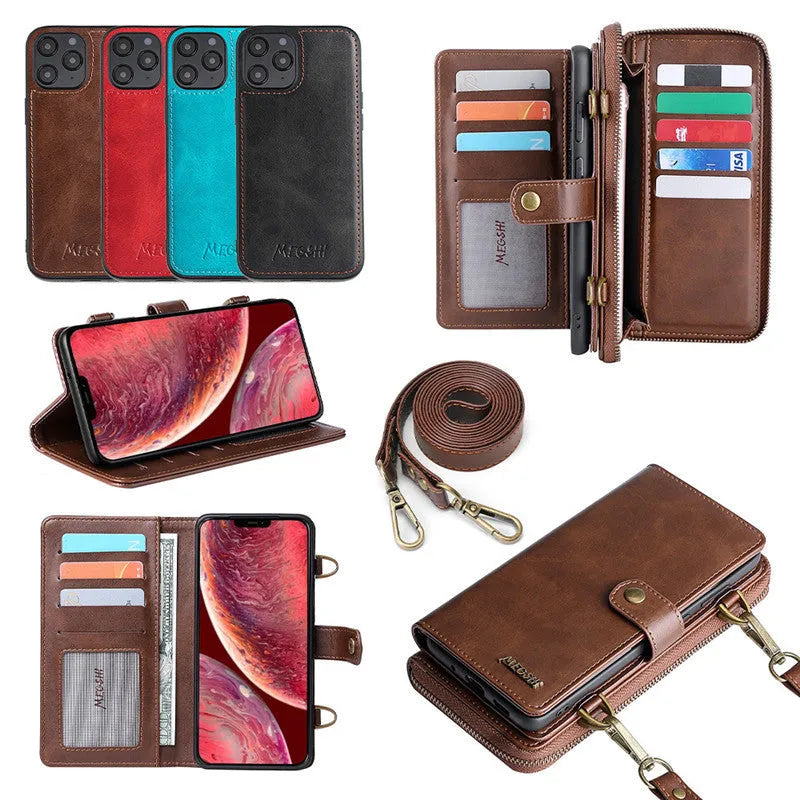 Detachable wallet-style phone case in black showing the strong adsorption leather flap closed over a phone.