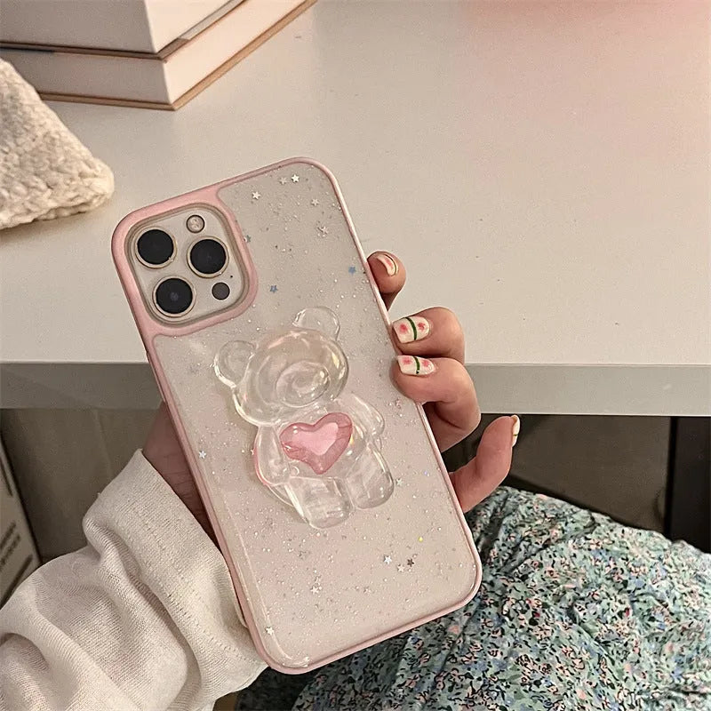 Simple Bear Bracket Silicone Phone Case in white with epoxy pink edge stars and love bear bracket, compatible with iPhone models
