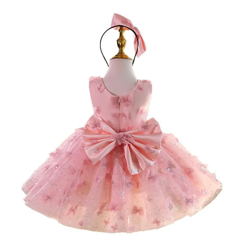 Pink children's little princess dress with polyester fabric, suitable for flower girls, sizes 80cm to 150cm