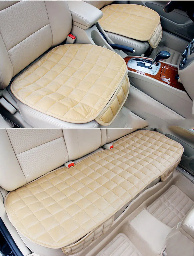 Checkered embroidered plush car seat cushion set in brown, beige, black or grey with non-slip backing