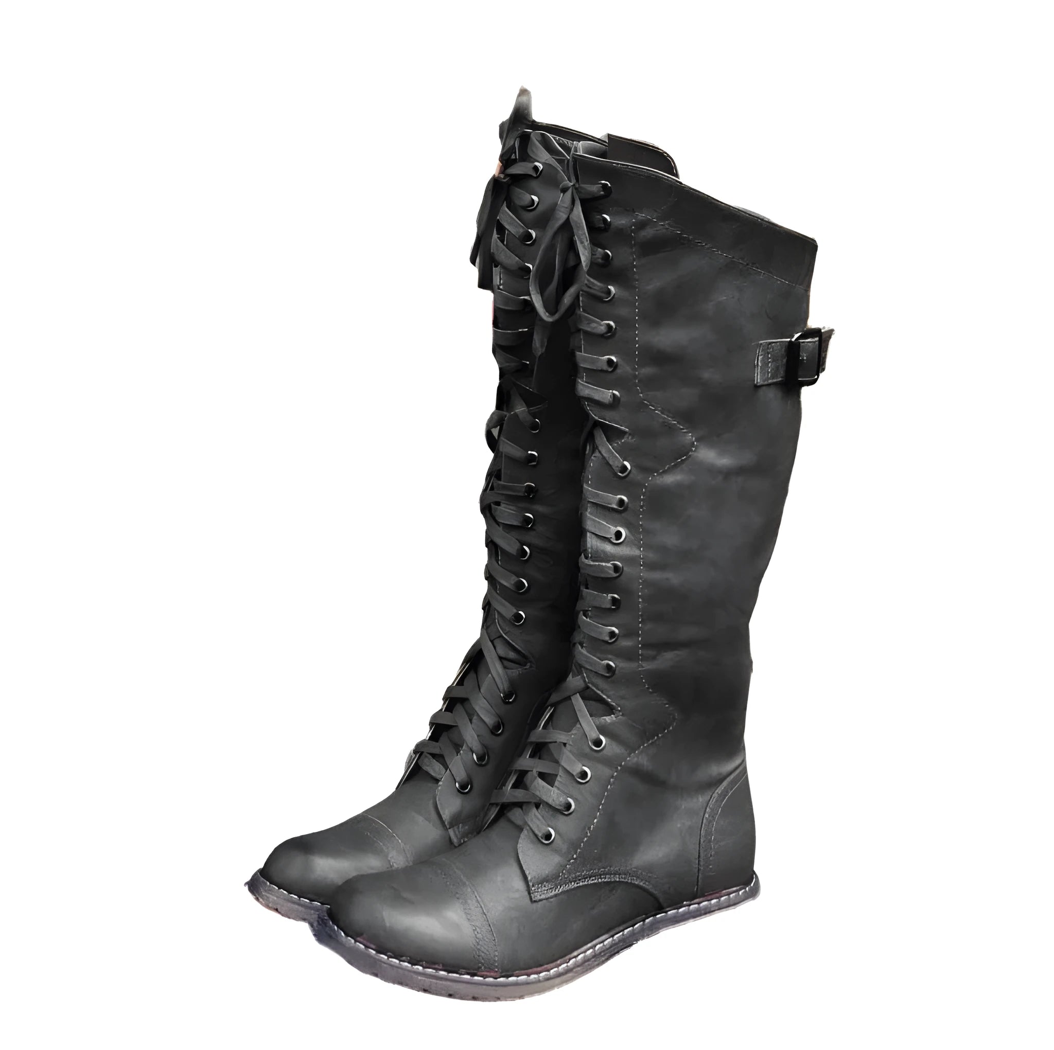 Women's black knight boots with cross strap design on artificial PU upper