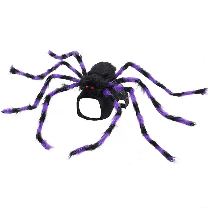 Grey big spider Halloween costume on a dog, showing the four-legged design.