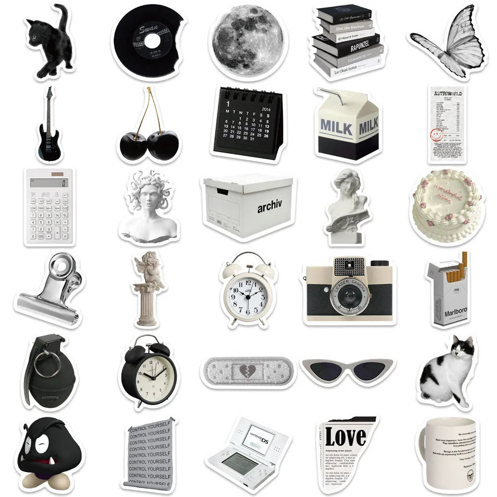 61-piece pack of black and white PVC waterproof decorative stickers laid flat.