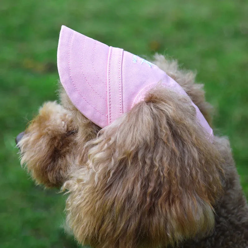 Canvas pet baseball cap for dogs and cats with adjustable buckle and Velcro, available in black, blue, pink and red, sizes S to XL.