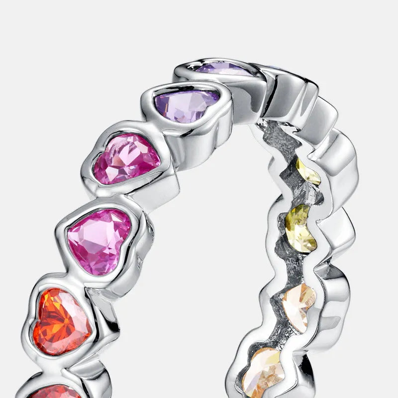 Silver love heart ring with coloured gems inlay and thick silver platinum finish, shown in US6 US7 US8 sizes
