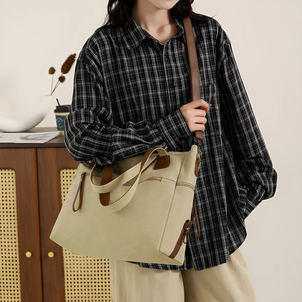 Women's retro canvas tote bag in horizontal square shape with multiple internal compartments