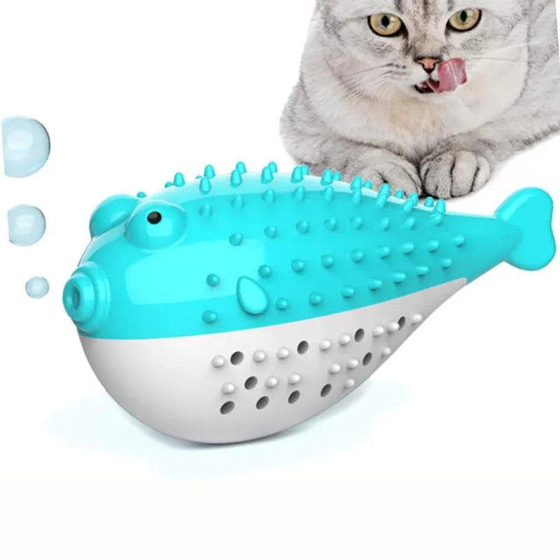 Blue silicone fish-shaped chew and teaser toy for cats on a plain background.