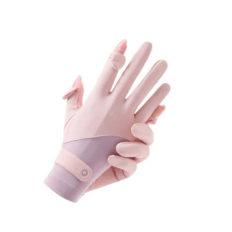 Thin beige ice silk gloves for women with UPF50 sun protection on a hand.