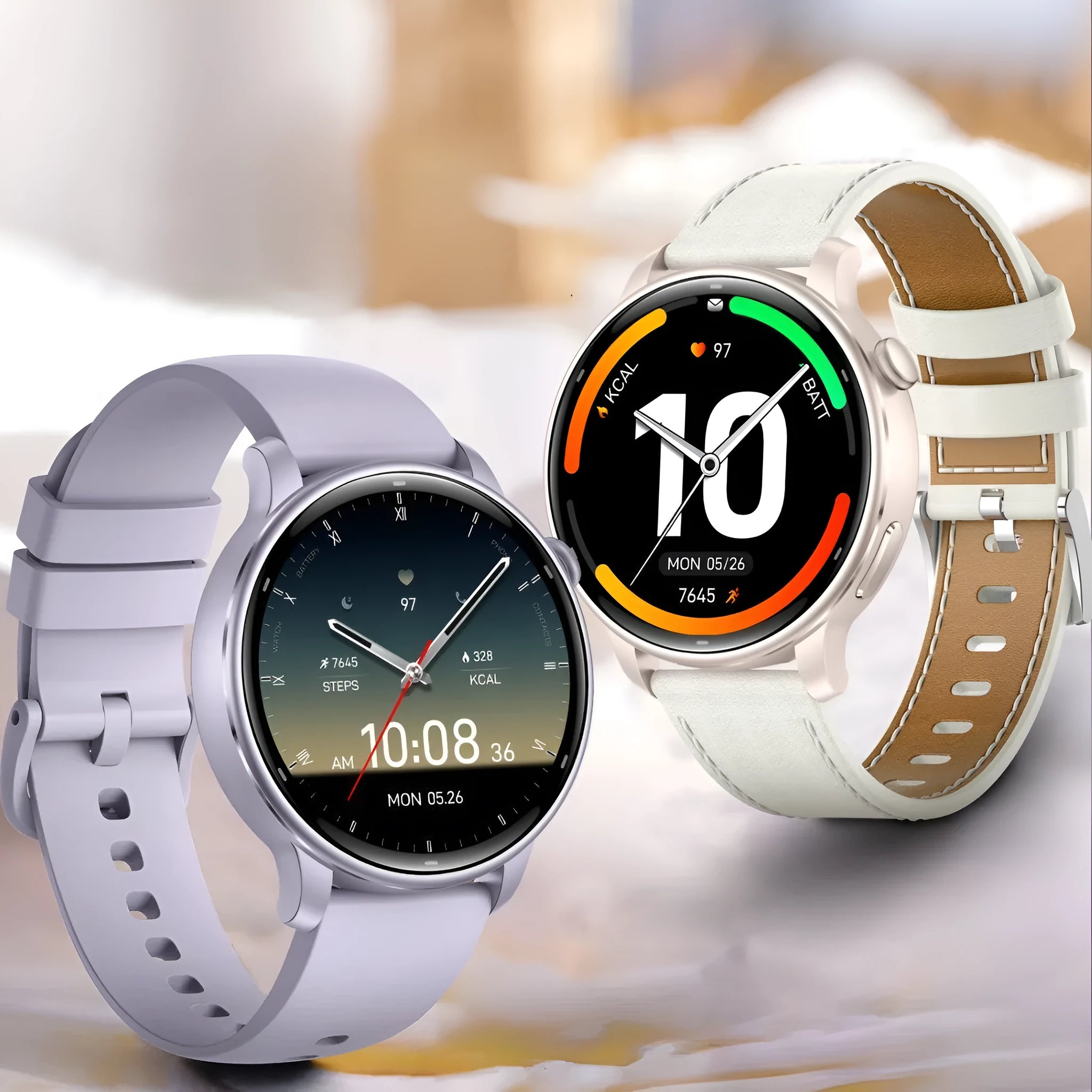 Smart watch with AMOLED screen on black rubber band showing fitness tracking features