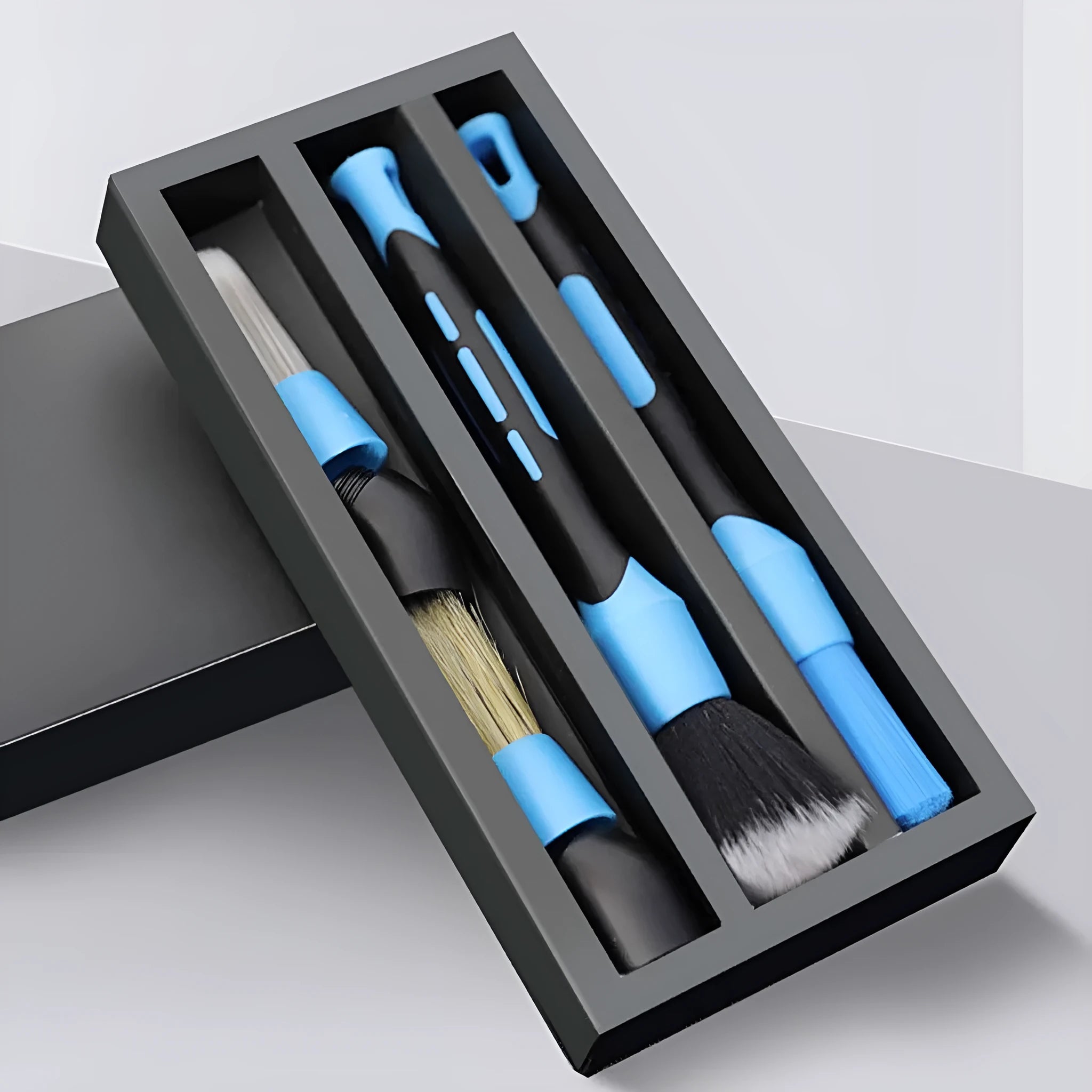 Blue detachable car wash brush set with four brush heads two handles and two elbows for engine bay cleaning