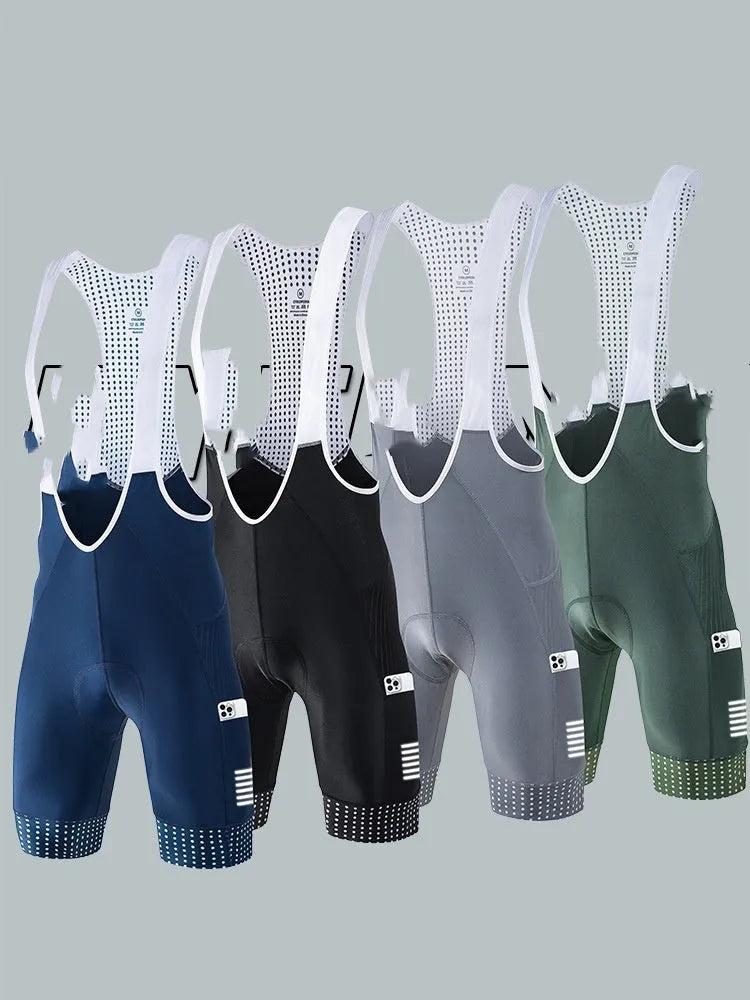 Men's cycling suspender shorts in grey polyester fabric for summer road biking.
