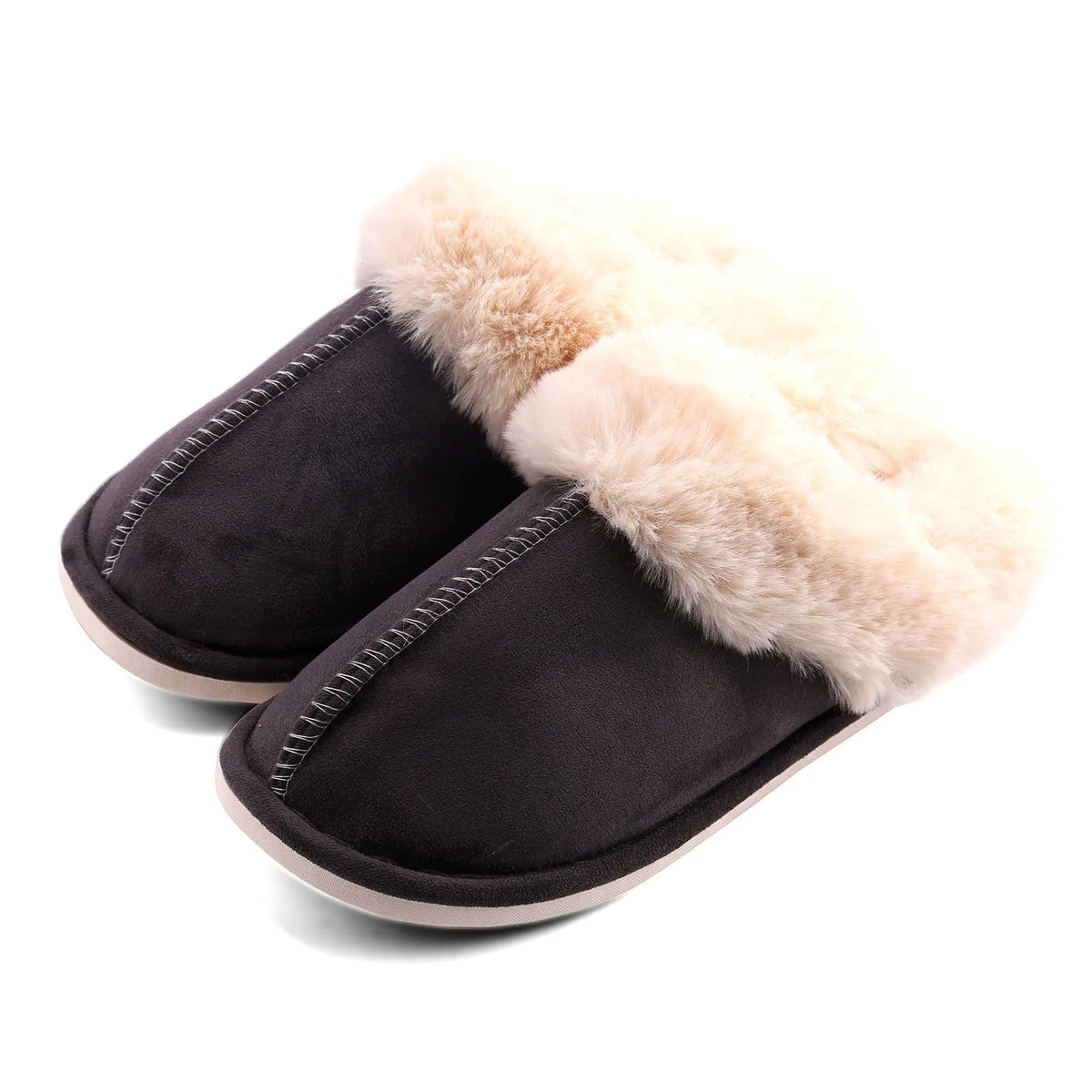 Fur furry plush house slippers with super soft velvet upper and TPR sole, shown in grey, pink, khaki, brown, off white, and brick red