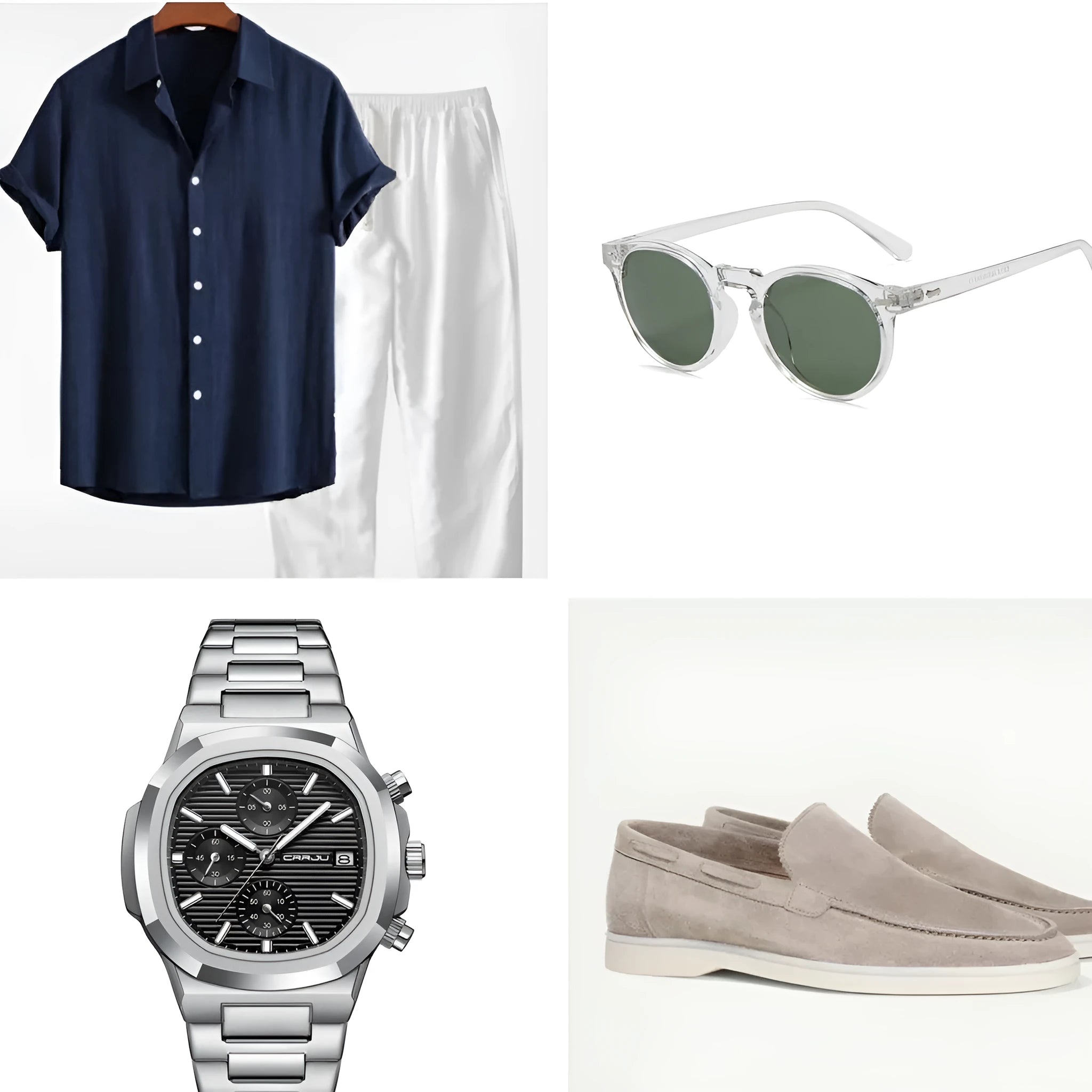 Casual loose-fitting short sleeve suit in a cotton linen blend for summer beachwear.