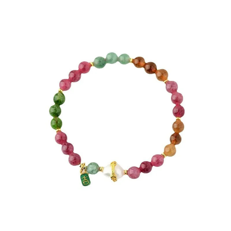 Tourmaline geometric bracelet with 6.5mm natural chalcedony beads