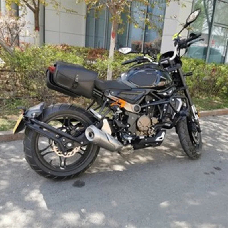 Black PU leather motorcycle swingarm bag mounted on bike showing dimensions and storage capacity