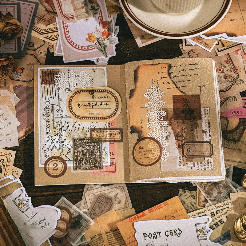 Retro literary DIY sticker pack showing 200 sheets of Japanese paper in four design collections