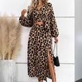 Animal print polyester suit set with V-neck top and long lantern sleeves in multi-colour