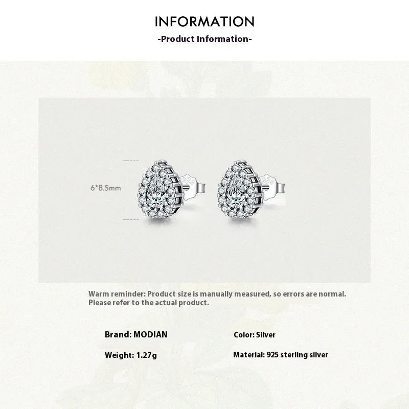 Women's silver water drop ear studs with diamond treatment on 925 sterling silver