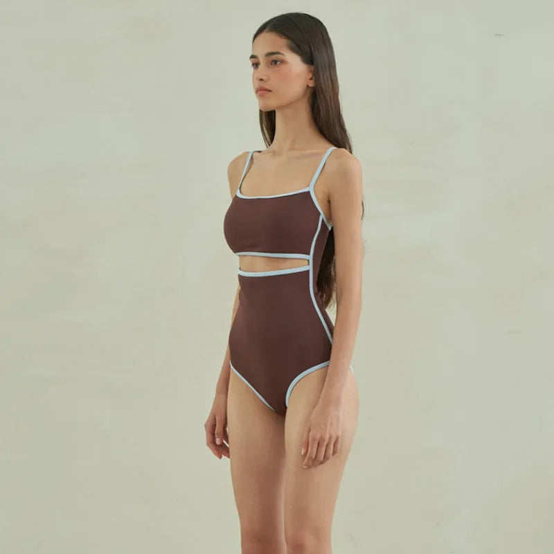 Brown nylon one-piece swimsuit for women with a triangular sexy design.