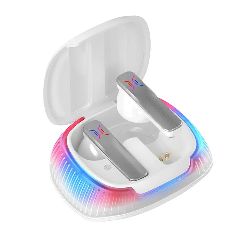 Hall Flashing wireless gaming earplug headset in black or white with Bluetooth 5.0 and 120H battery.