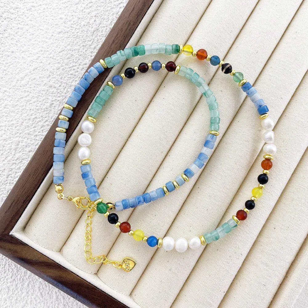 Pearl gradient mixed colour clavicle chain with mother of pearl shellfish pendant and ball bead chain