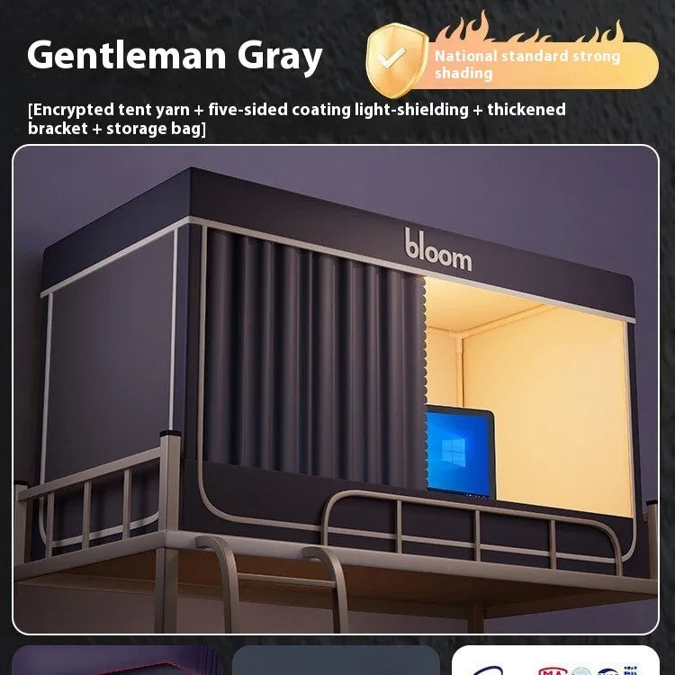 Grey integrated bed curtain with mosquito net for 0.9 metre wide bed with light blocking design